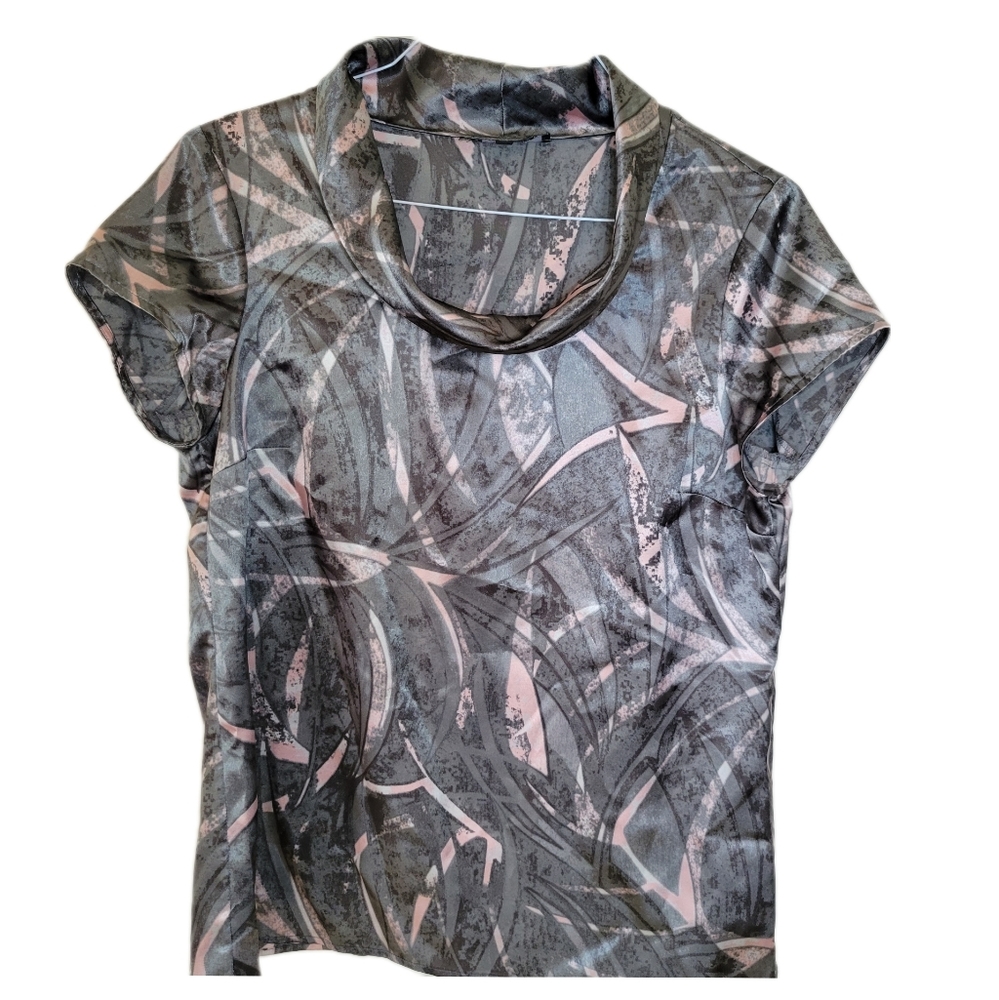 Unique Gray and Pink Jones Wear Stretch Short-sleeved Blouse Size 12